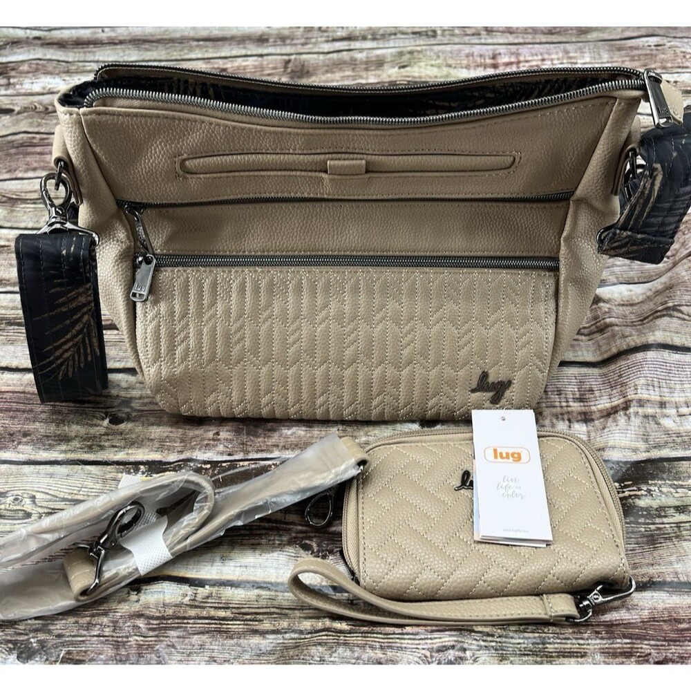 Lug Cable Car Crossbody Bag/Hobo Taupe Feather Pattern W/Matching Wallet - NWT